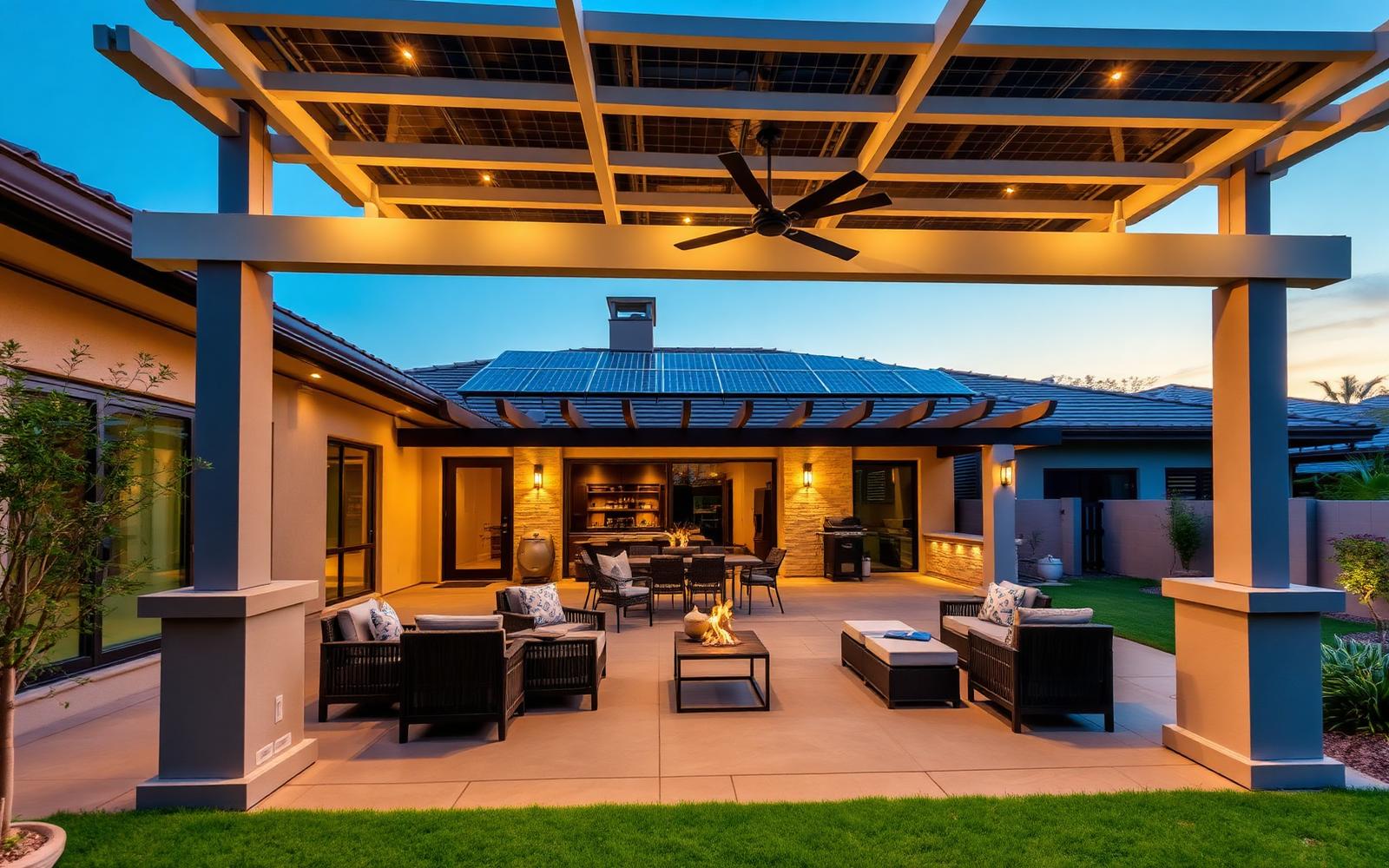 Modern backyard with solar pergola at sunset